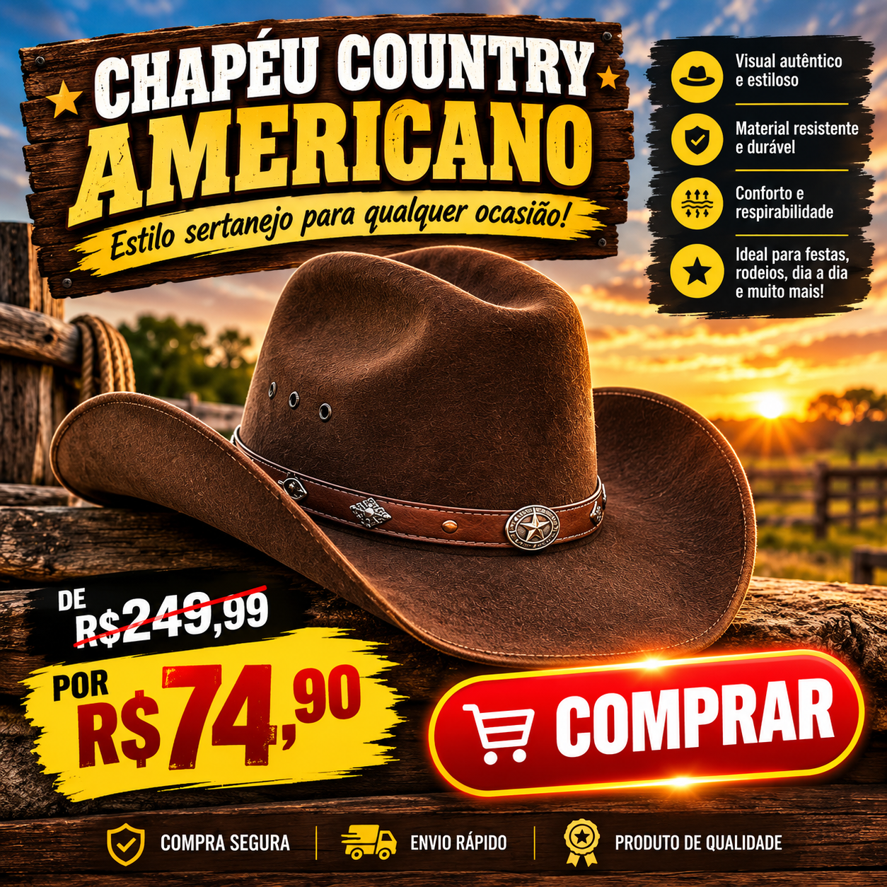 Chapéu Country Americano - De R$249,99 por R$74,90